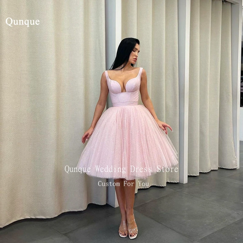 

Qunque Pink Sparkly Prom Dresses Spaghetti Straps Glitter Tulle Party Dress Lace Up Back Short Evening Dress Elegant Customized