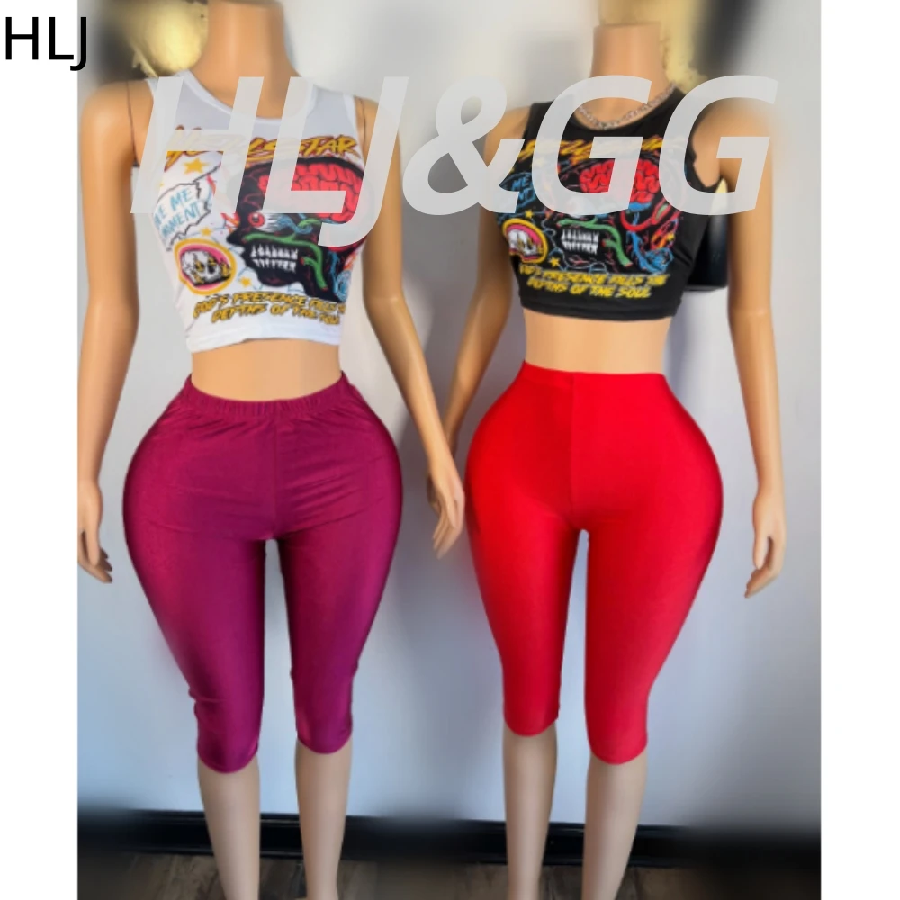 HLJ 패션 Y2K 패턴 인쇄 두 조각 세트 여성 라운드 넥 민소매 탑 + 스키니 반바지 의상 트렌드 여성 2pcs streetwear