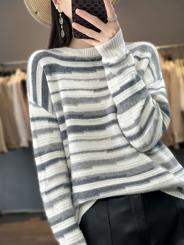 100% pure merino sweater 2023 autumn and winter new women's round neck pullover striped knit top women's coat