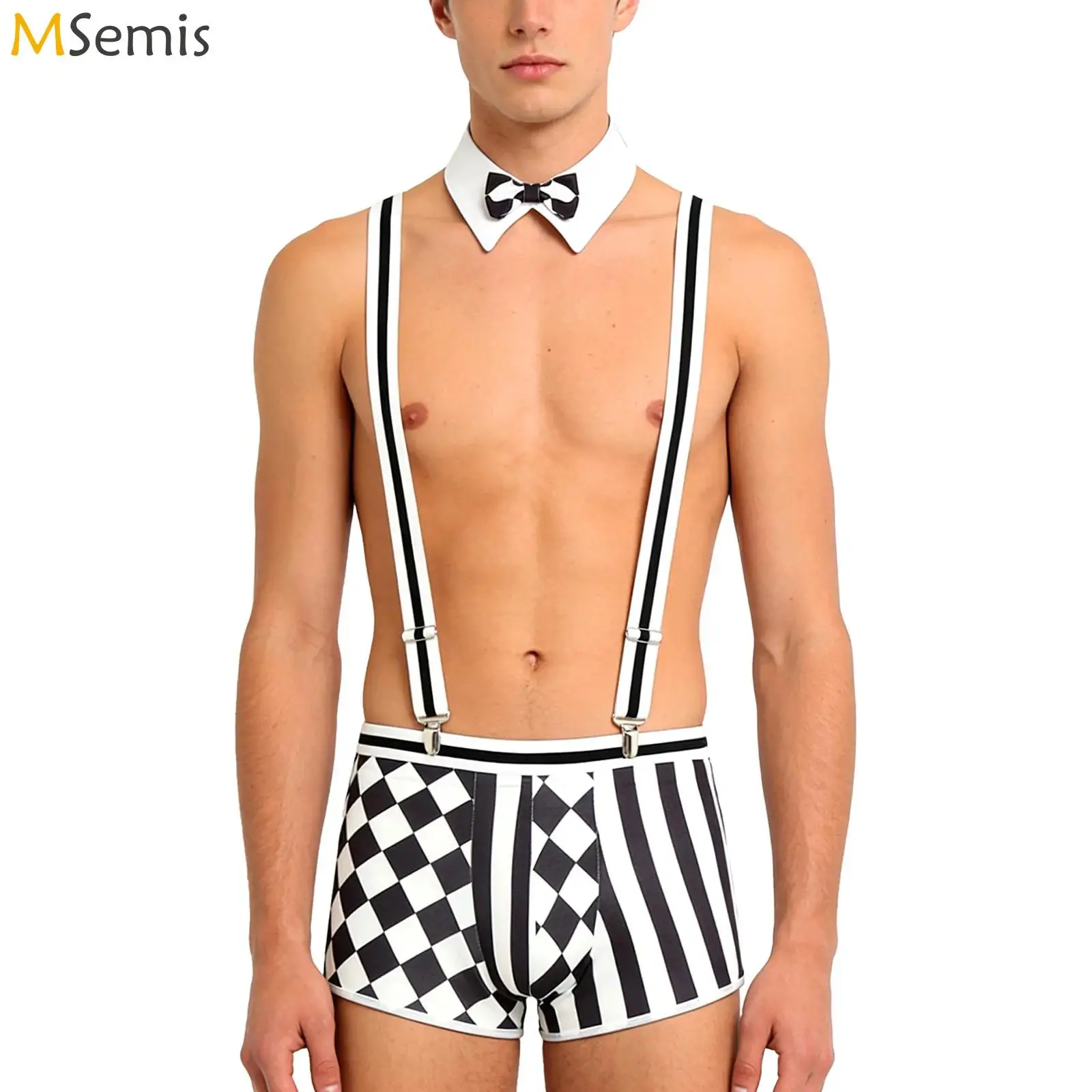 

Mens Manservant Waiter Cosplay Lingerie Set Checked And Striped Boxer Shorts with Detachable Y-back Suspenders And Bowtie Collar