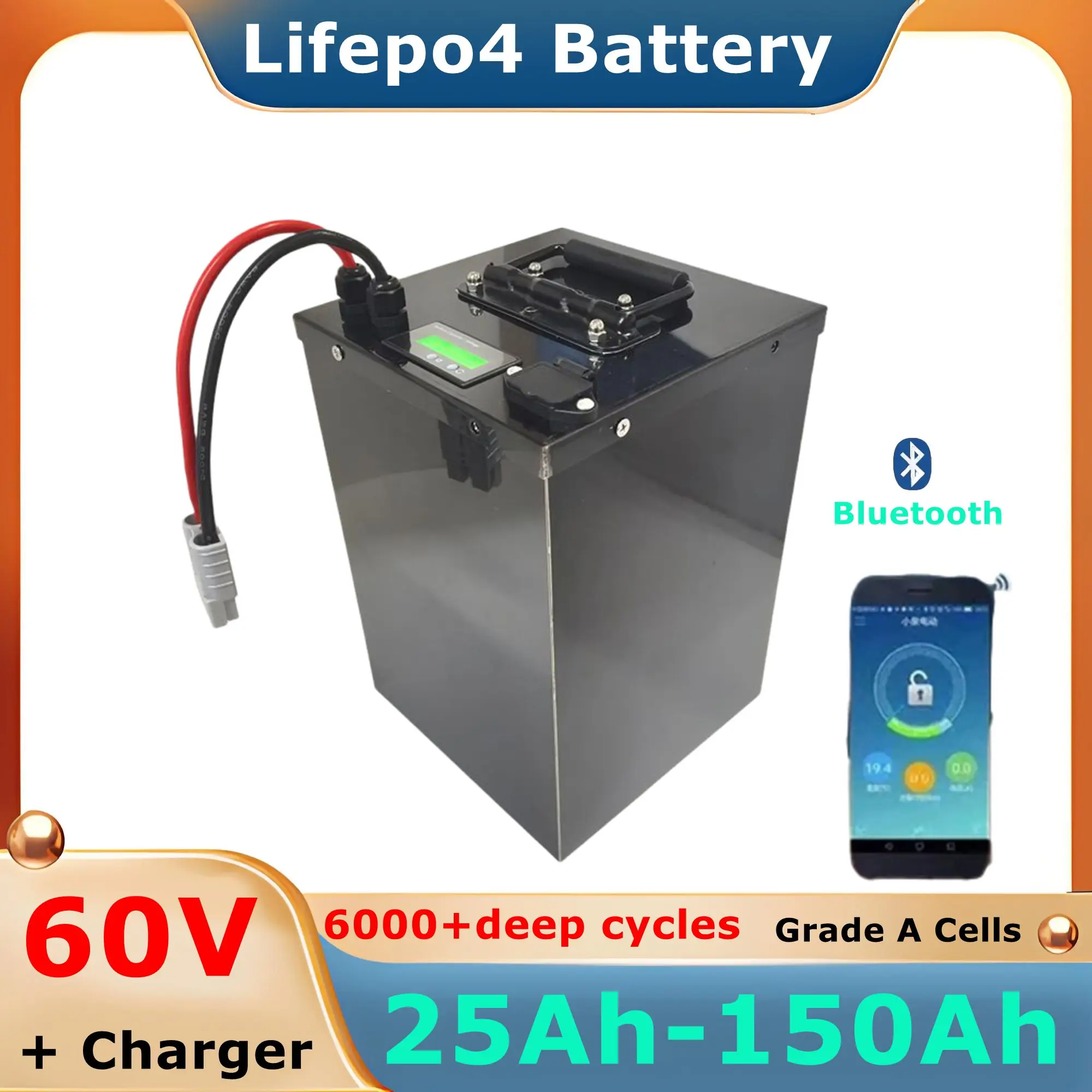 

lifepo4 Lithium battery 100Ah 60V 60Ah 80Ah 30Ah 60V 40Ah 150Ah 120Ah with Bluetooth APP BMS for Scooter boat + charger