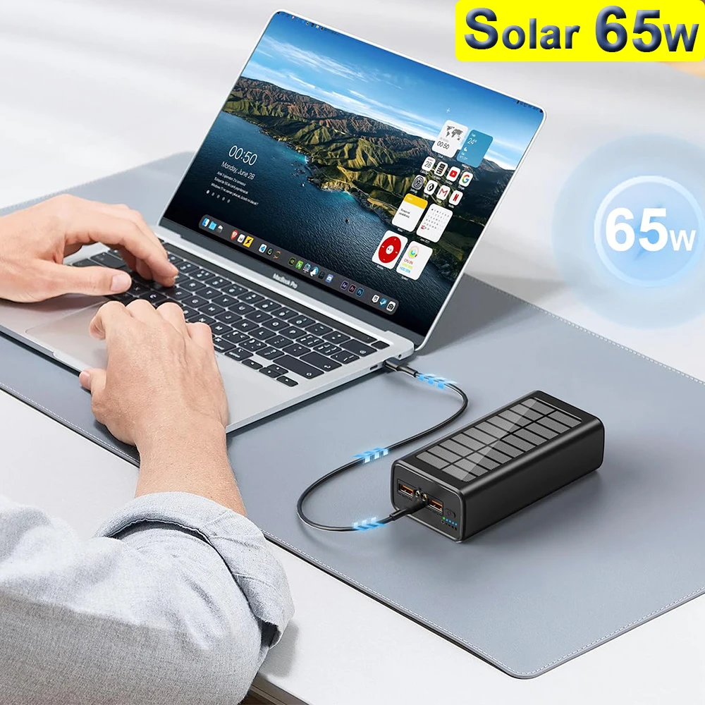 65w 50000mah Laptops Solar Power Bank PD Led Light Tablet Charger External Battery Laptop Powerbank For Iphone MacBook Samsung