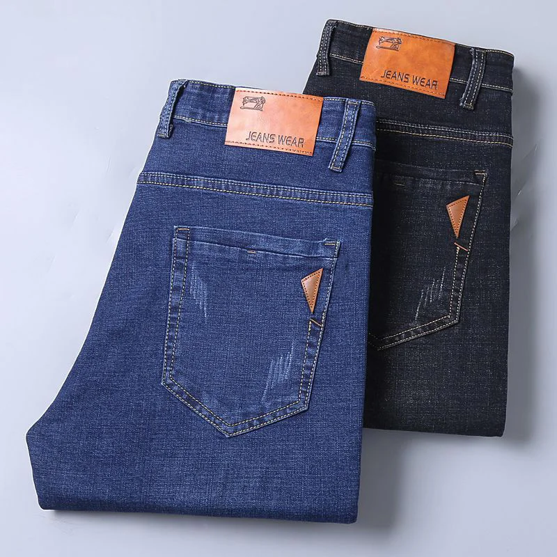Style classique hommes mince Stretch droit affaires jean décontracté noir bleu ample Denim Pantalon Homme marque mâle Pantalon
