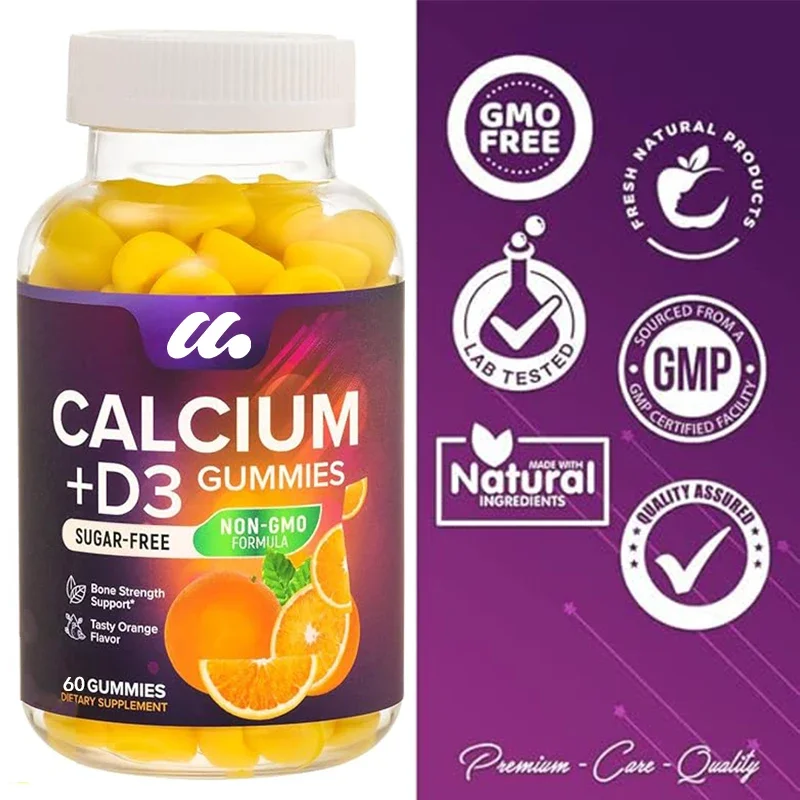 Sugar free calcium gummies, vitamin D3, bone health and immune support, non genetically modified, orange flavored chewable