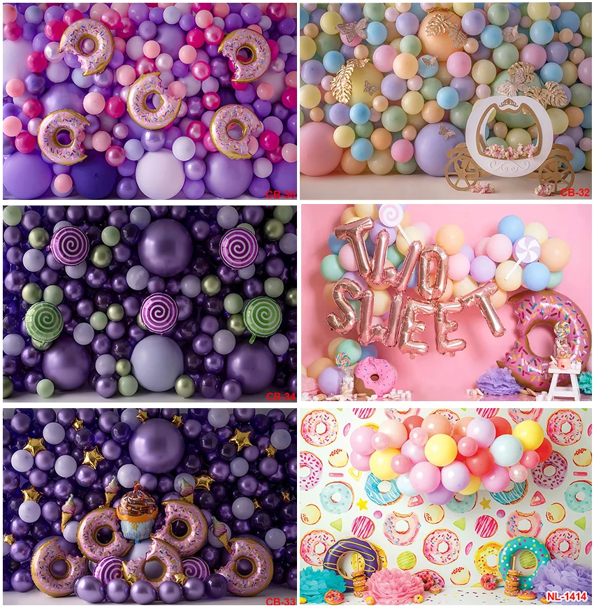 

Cake Donuts Lollipop Sweet Two Birthday Newborn 1st Baby Shower Balloons Celebration Backdrops Photographic Backgrounds Props