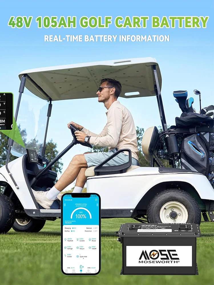 MOSEWORTH 48V 105Ah Golfwagen-Lithiumbatterie mit integriertem 200A BMS, Touch-Monitor und Ladegerät, APP-Unterstützung, MAX 10,24 kW