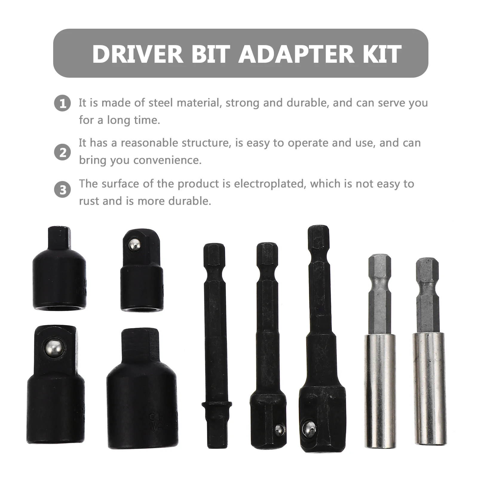 

1Set Durable Steel Hex to Square Adapter Set Impact Drill Bit Socket Wrench Driver Kit Electroplated Rustproof Easy Install