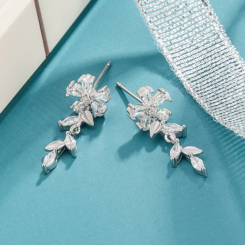 New Five-Petal Flower Fringe Leaf Earrings Sparkling Zircon Jewelry Elegant and Versatile Unique Earring For Women KOFSAC