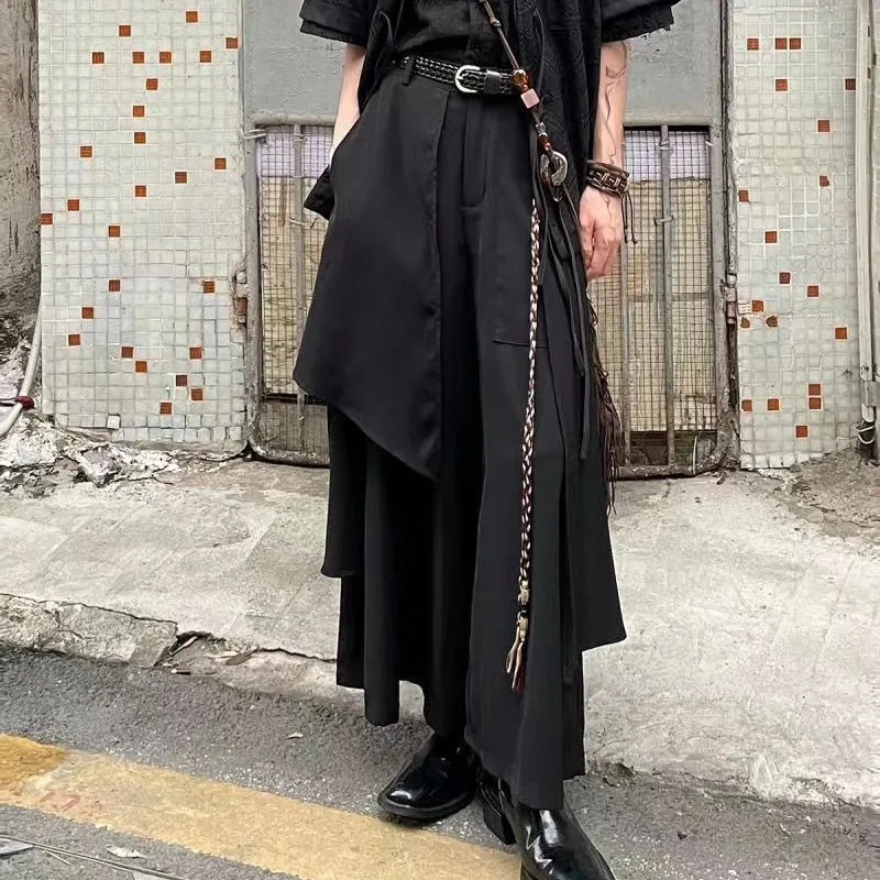 

Stylish Layered Hakama Men's Pants YY-Inspired Asymmetric Hem Baggy Wide Leg Pants Unisex Y2k Black Aesthetic Skirt Trousers