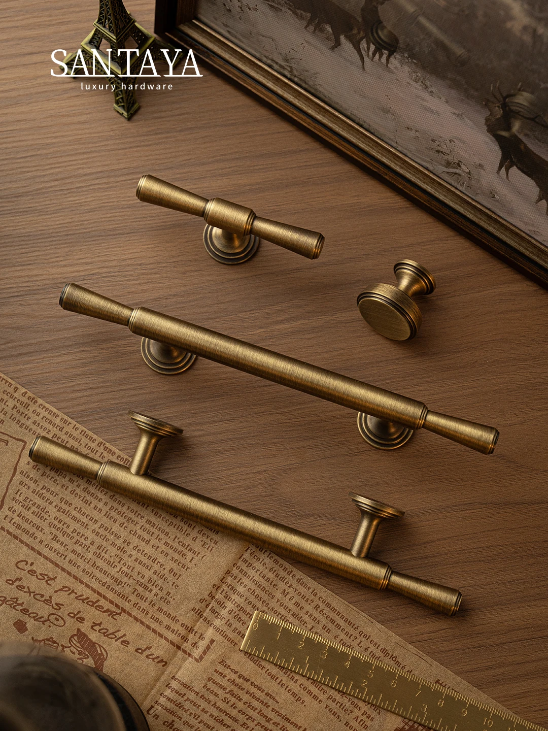 Santaya Solid Antique Brushed Brass Handles for Kitchen Cabinets Wardrobe Drawers T-bar Pull and Long Bronze Knobs for Furniture