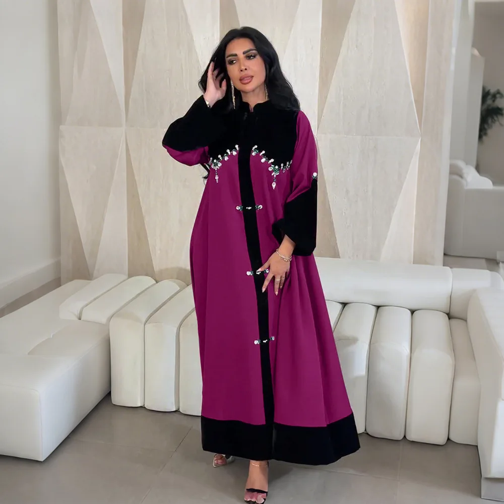 

Muslim 2026 New Fashion Women's Color-coded Loose Casual Trendy Basic Daily Elegant Beading Long Sleeve Silk Abaya Dress Female