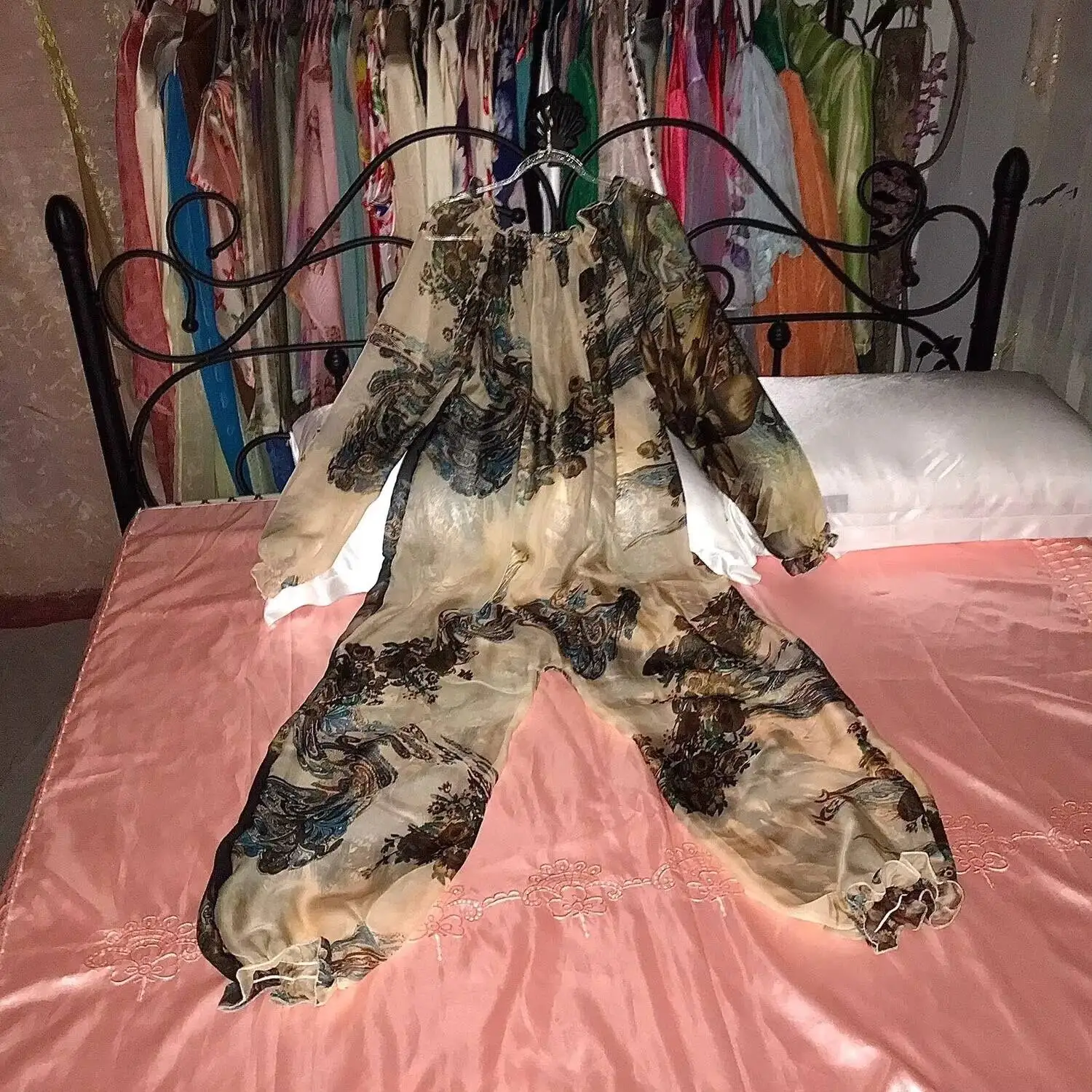 가을 봄 메쉬 점프수트 섹시 여성 긴팔 잠옷 루즈핏 커프스 팬츠 비치웨어