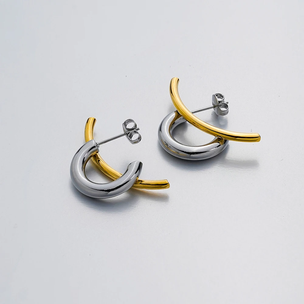 Two-Tone C-Shaped Bent Bar Stud Earrings for Women - 18K Gold Plated