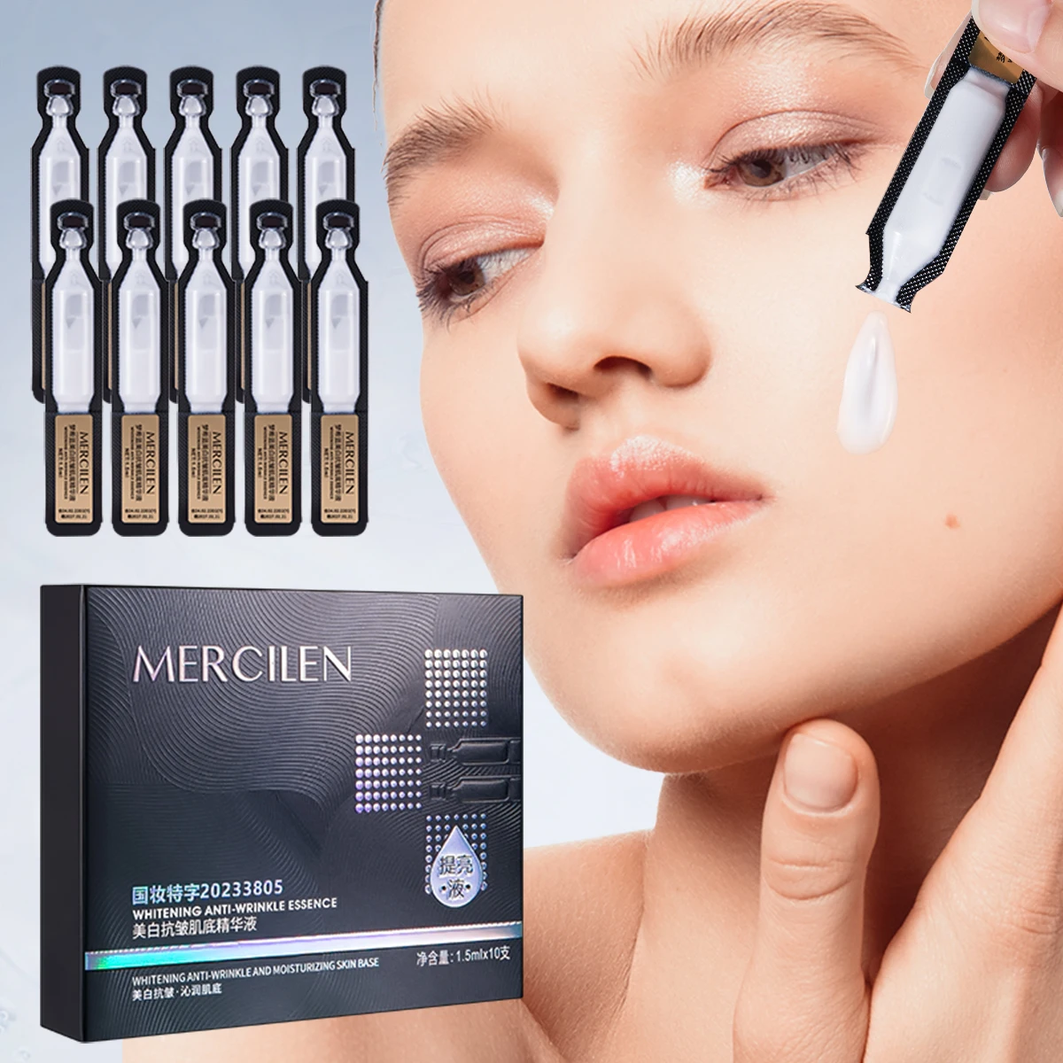 Mercilen Single-Use Serum 1.5Mlx10 Vials, Contains Hyaluronic Acid and Pearl Powder to Moisturize and Brighten Facial Skin, Making Skin Look Younger, Suitable for All Skin Types, Travel-Sized Packaging