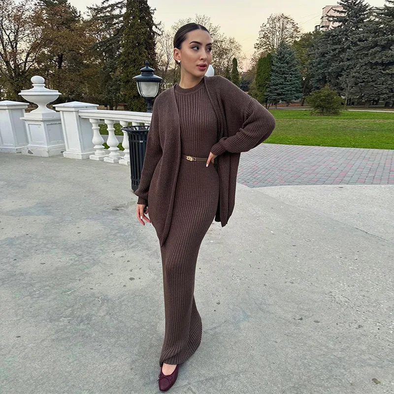 Ankle Length Knitted Dress Slim Fit Solid Two Pieces Women Long Sleeve Cardigan Dress Sets Basics Slight Strech Winter 2024