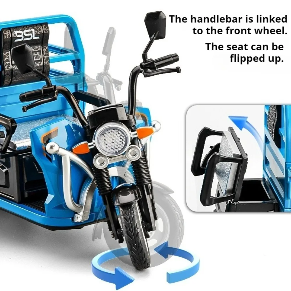 1:12 Electric Tricycle Models Car Toys Alloy Diecast Motorcycle Metal Body Rubber Tires Sound Light Pull Back Toy Gifts for Kids