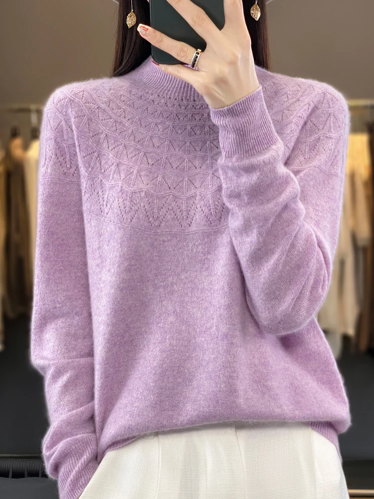 Autumn Winter Women Wool Pullover Mock-neck Basic Sweater 100% Merino Wool Hollow Solid Cashmere Knitwear Female Bottoming Shirt