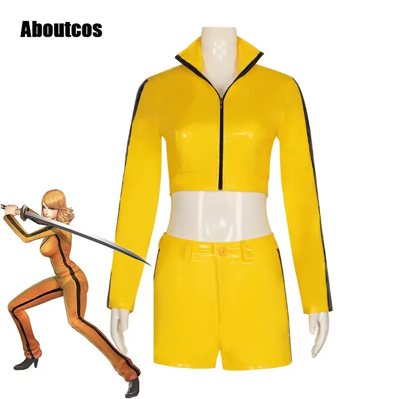 Aboutcos Movie Kill Bill Cosplay Costume Sexy Top Shorts The Bride Beatrix Kiddo Cosplay Tight Navel Exposed Leather Jacket