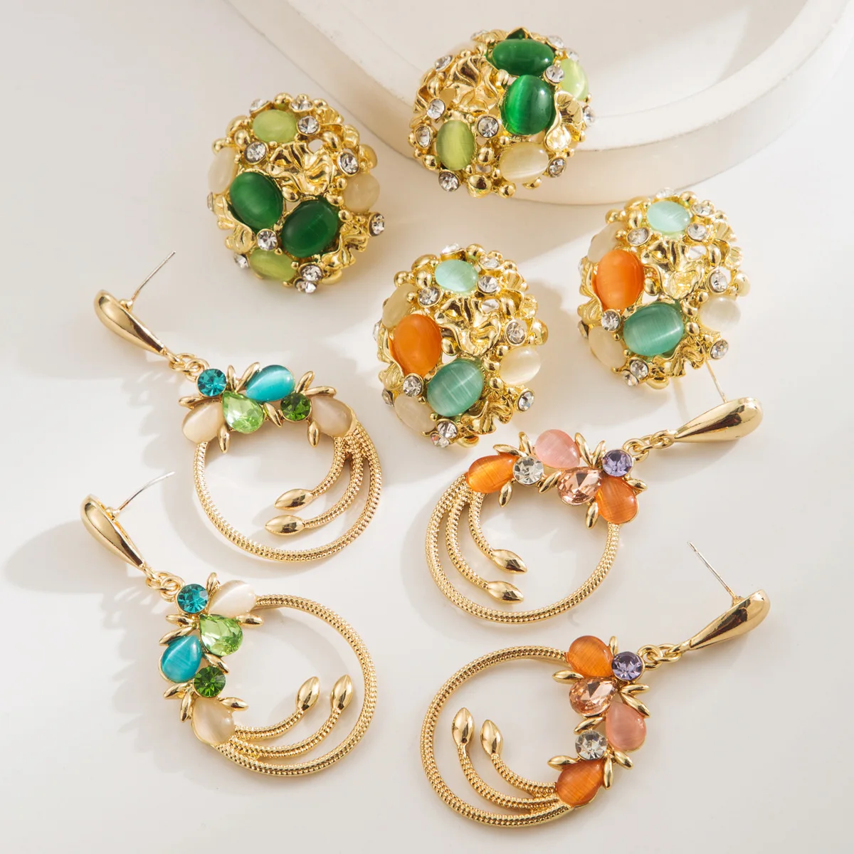 Medieval style opal rhinestone earrings S925 silver needle temperament niche design court style high-end earrings