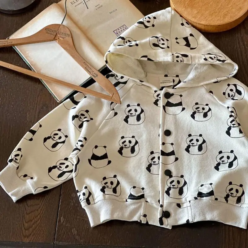 1-6Y Kid Boys Girls Beige Single Breasted Spring Cotton Coat 2025 New Baby Panda Print Hooded Jacket Children's Sports Top