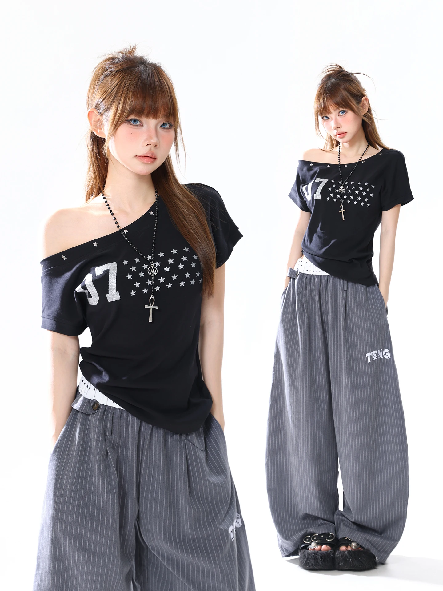 Millennial Y2K Shoulder Baring T Shirt Women's Sweet Cool Star Print Slimming Sexy Short Length Shoulder Baring Top