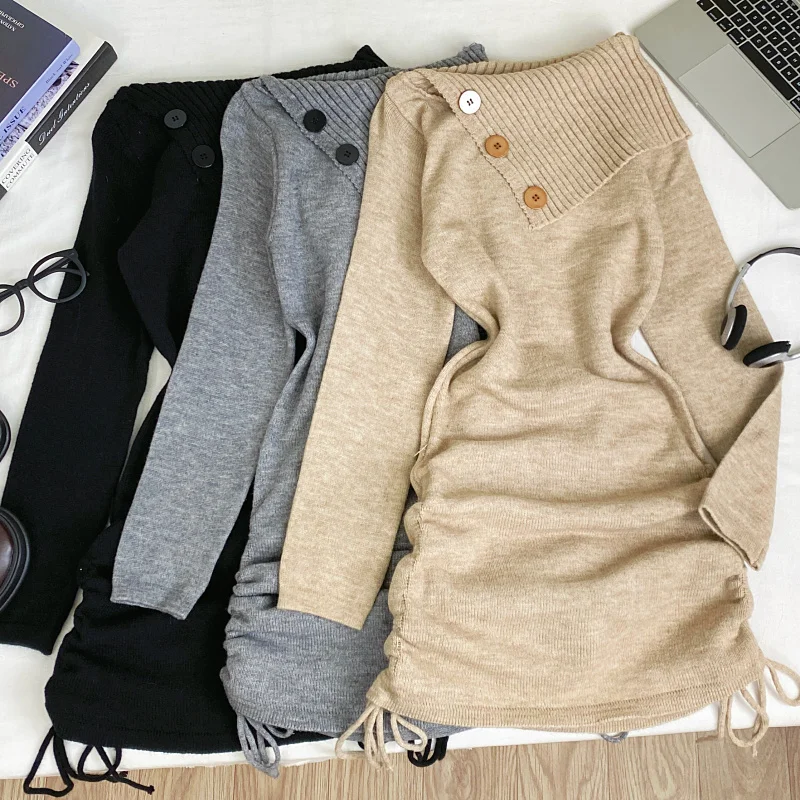 

Дизайнерское трикотажное платье с открытыми плечами и асимметричным воротником на шнуровке для женщин, осень-зима, новинка