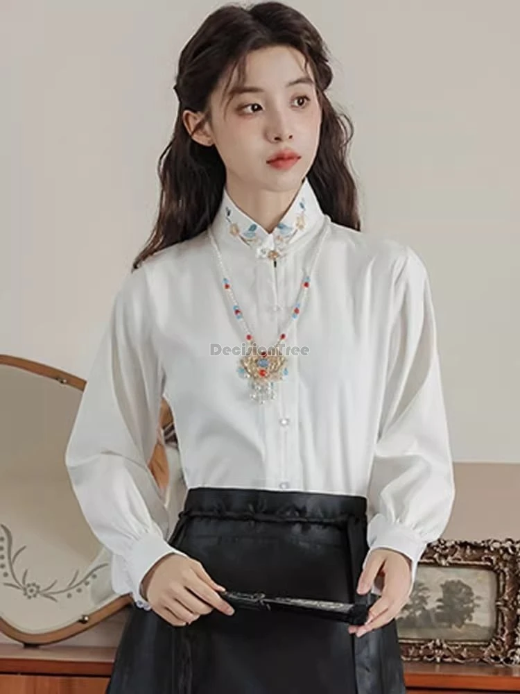 

2024 new chinese style graceful temperament tang suit top unique collar embroidery tea art top vintage daily solid color blouse