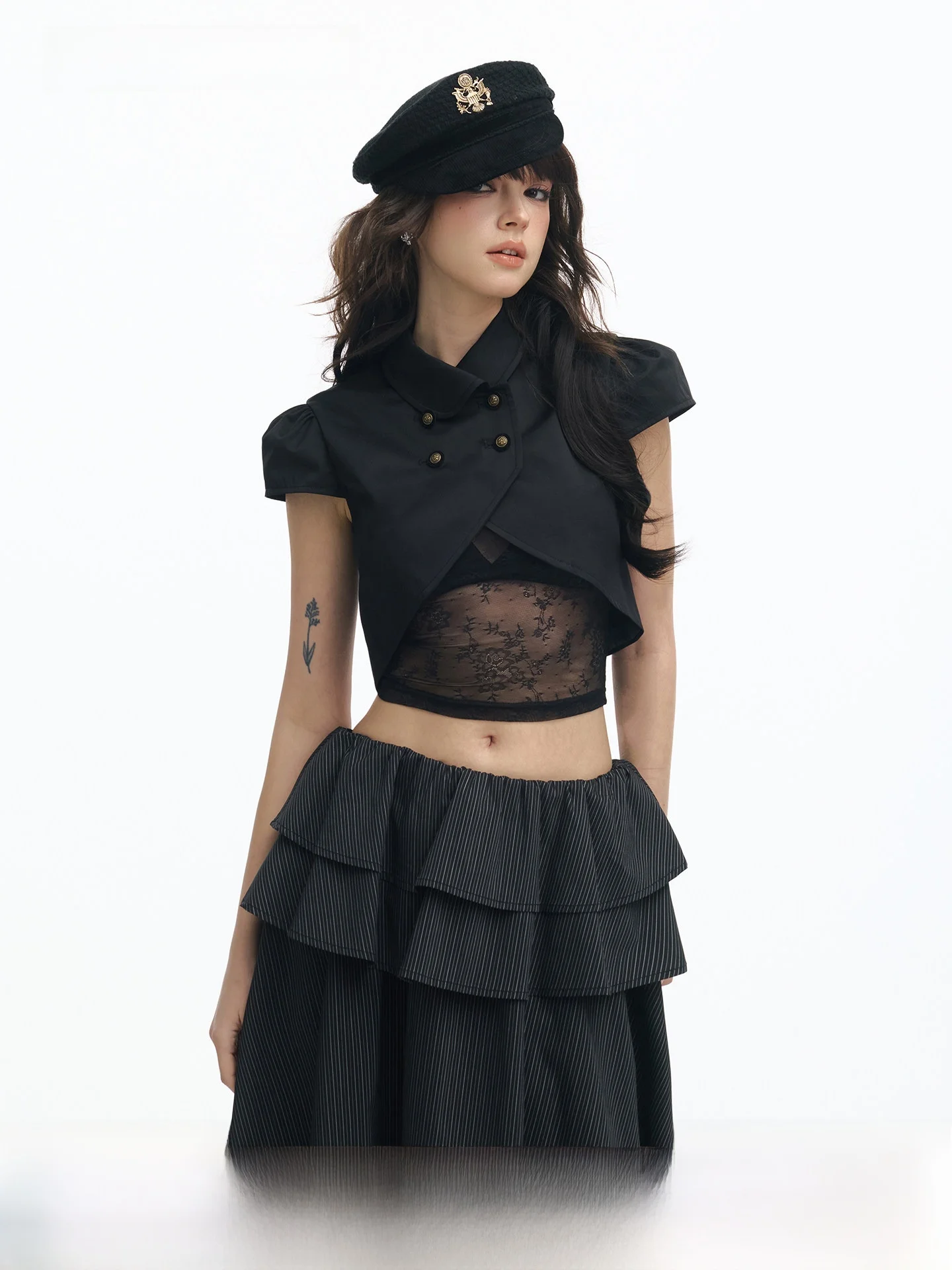 

SereneEase Lace Hollow out Bubble Sve ort Jaet Matching High Waist Skirt Versatile Multi-Layered Faion Set for ...