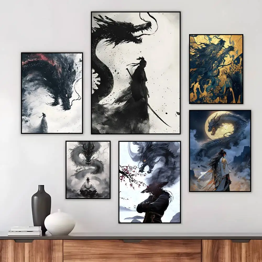 Ink Style Dragon Shadow Waves Art Poster Art canvas HD aesthetic Printing Paper Wall Art for Living Room Bar fashion Home Decor
