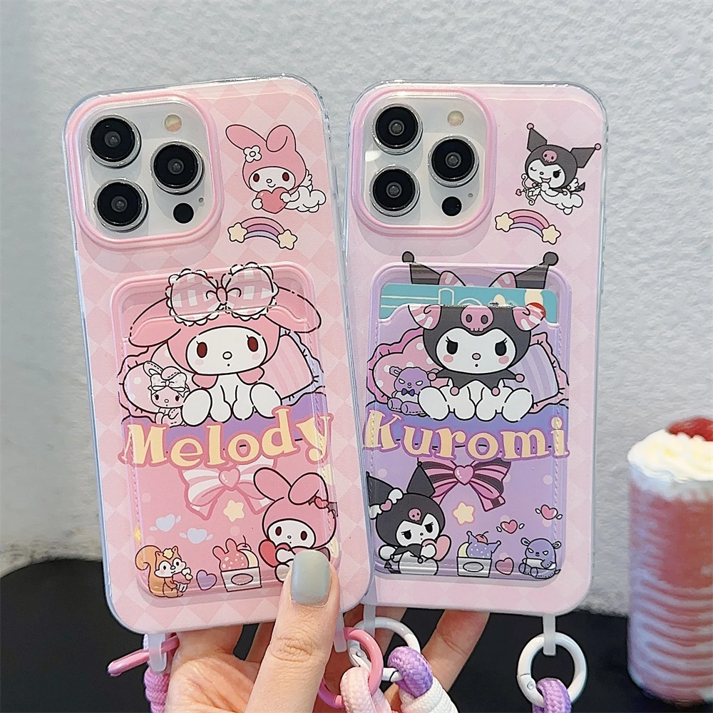 

luxury Pink Purple My Melody Kuromi Card wallet lanyard Phone Case protection for iPhone 16 15 13 12 11 14 Pro Max Coque