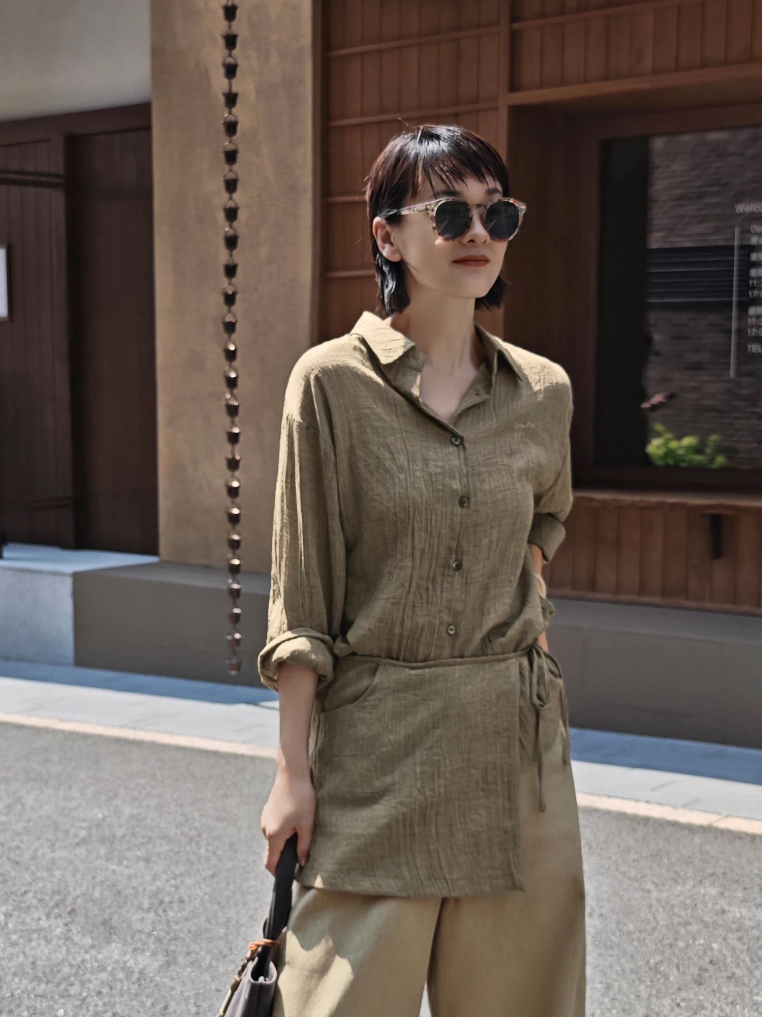 

Текстильная блузка из винтажного льна и хлопка с эффектом текстуры, осенняя, с драпировкой на ягодицах, дышащая, свободного кроя...