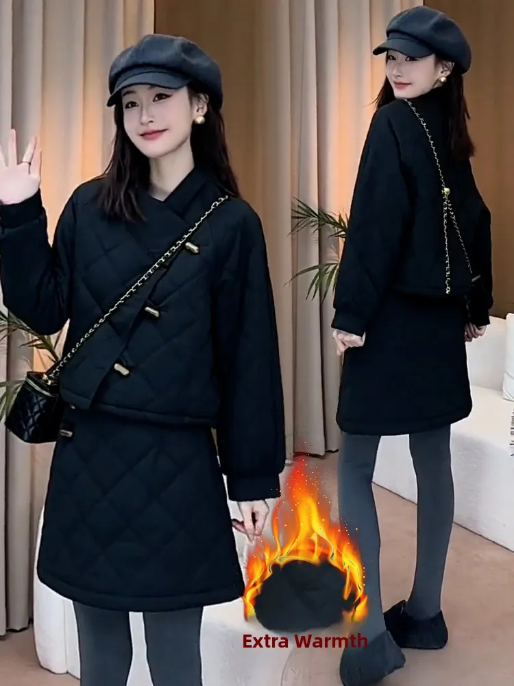 Damski dwuczęściowy zestaw sportowy na zimę, nowy płaszcz, spódnica z podkreśleniem talii, ciepły komplet z włókna poliestrowego, długi rękaw.