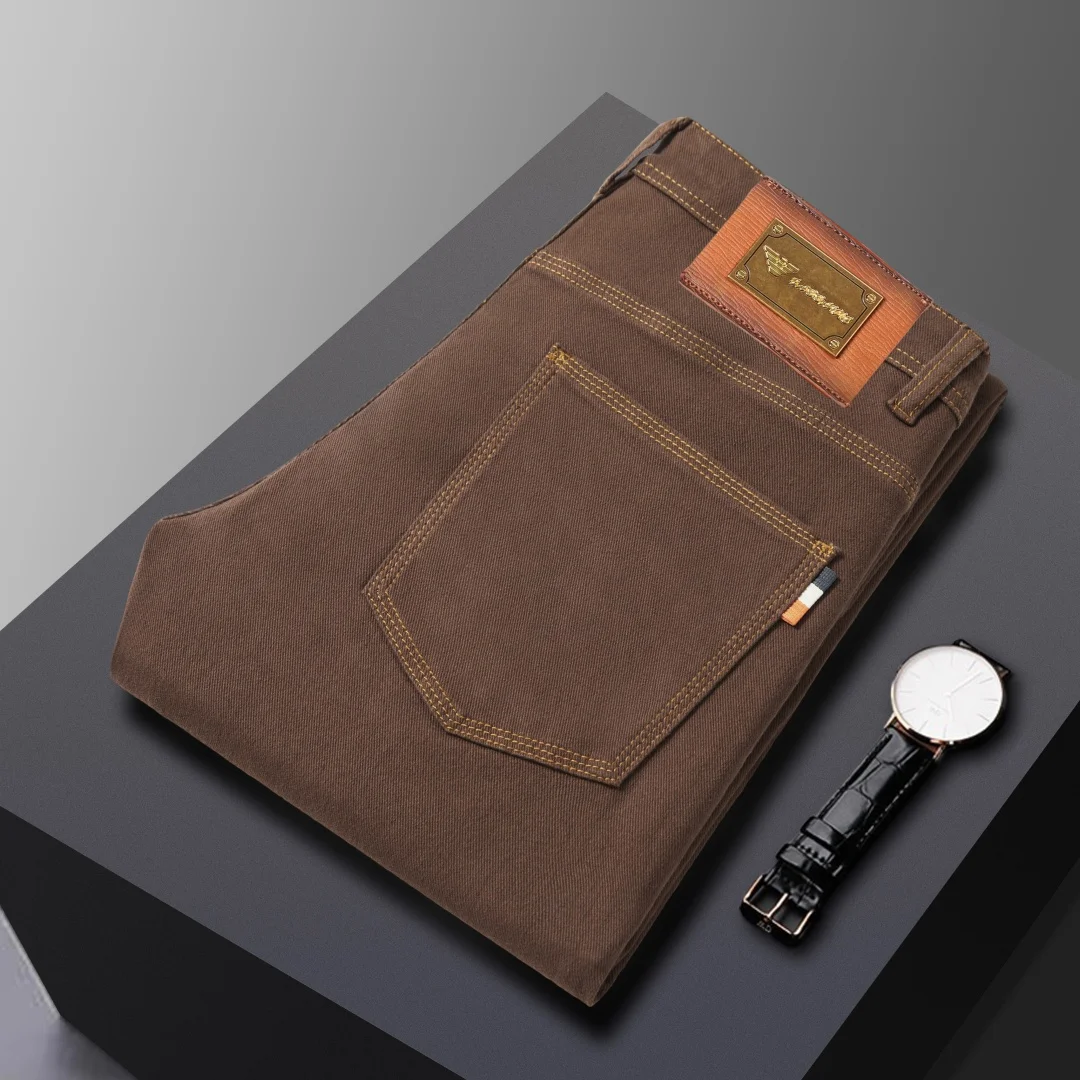 

Мужские джинсы слим-фит, эластичные, коричневые, для весны, осени и зимы, повседневные, удобные, дышащие, с регулируемой талией, средней посадки