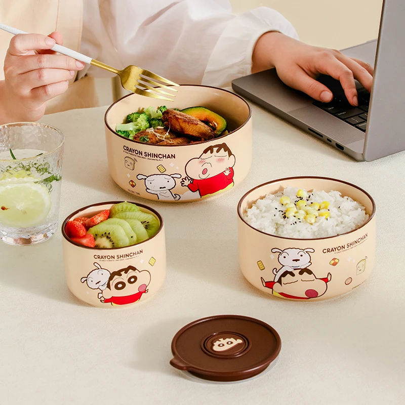 New Cute Cartoon Crayon Shinchan Ceramic Preservation Bowl with Lid Dumpling Rice Salad Camping Lunch Box Child Birthday Gift