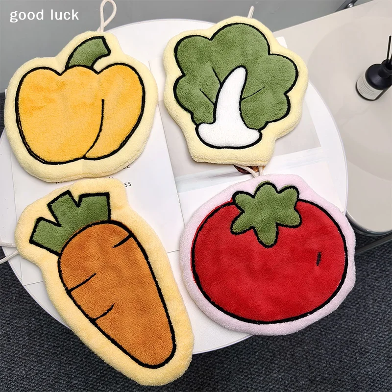 Vegetables Coral Fleece Hand Towels Carrot Tomato Design Quick-Dry Absorbent Kitchen Bathroom Hands Towel Wall Hanging Rag
