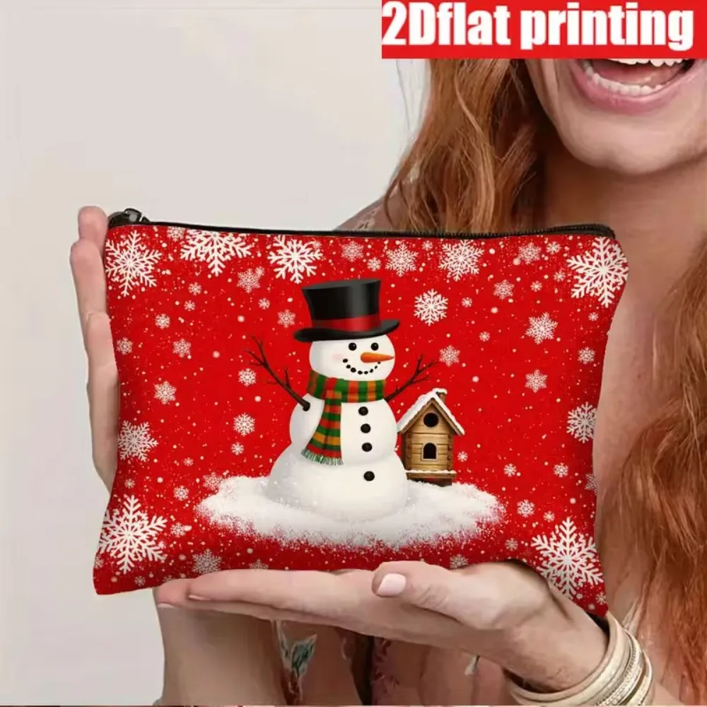 Cute Snowman & Snowflakes Cosmetic Bag, 2D Flat Printed Christmas Canvas Zipper Pouch, Large‑Capacity Holiday Travel Storage Bag