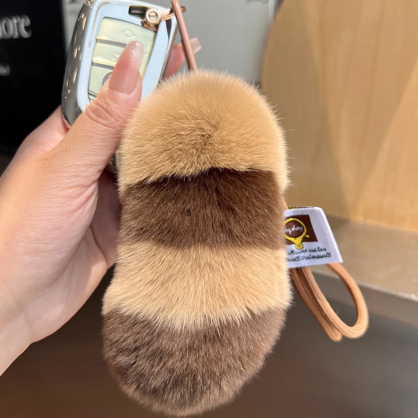 Cute real otter rabbit fur little tail car keychain plush doll backpack charm gift