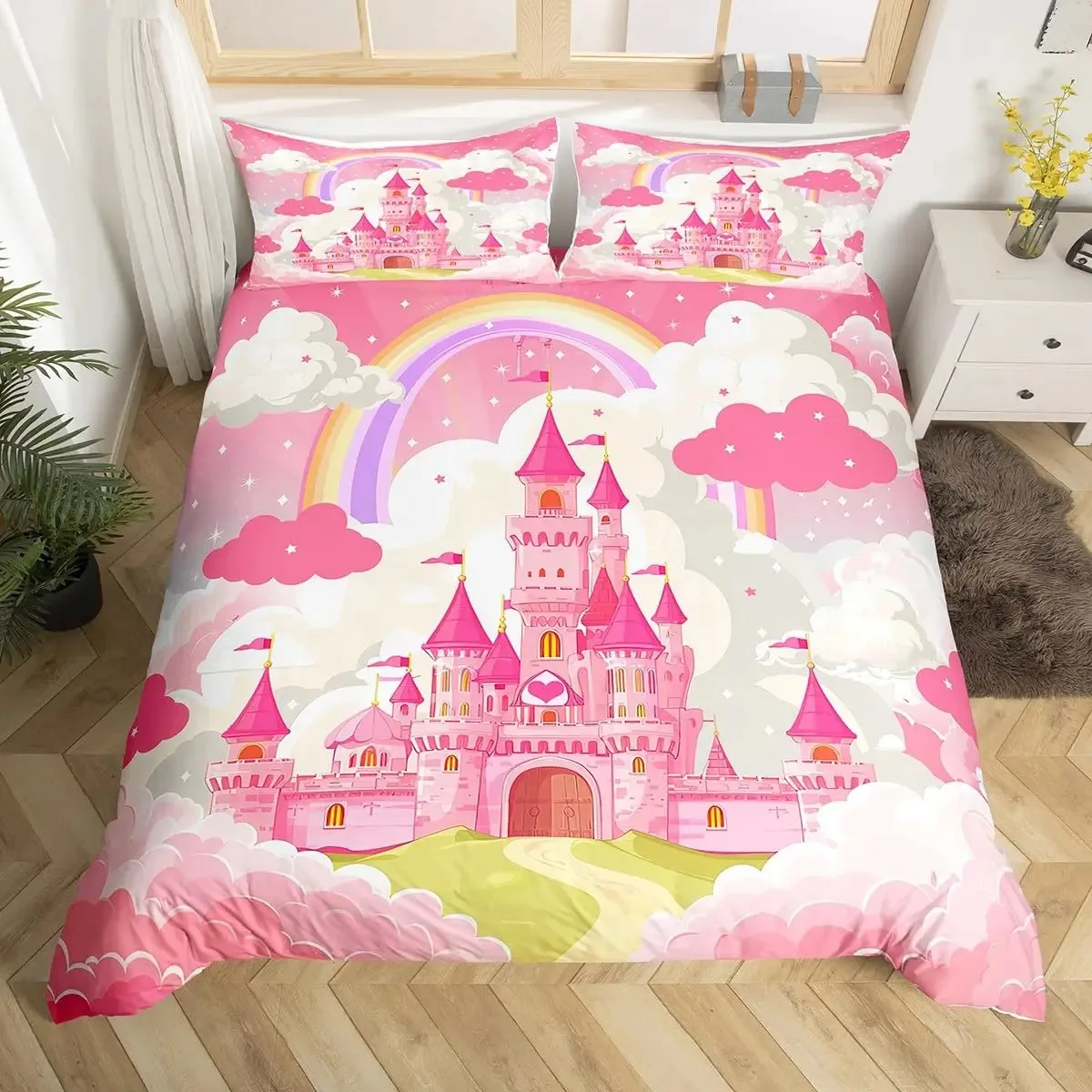 Rainbow Castle Duvet Cover King Queen Boys Girls Cartoon Girly Bedding Set Princess Castle Comforter Cover Bedroom Quilt Cover