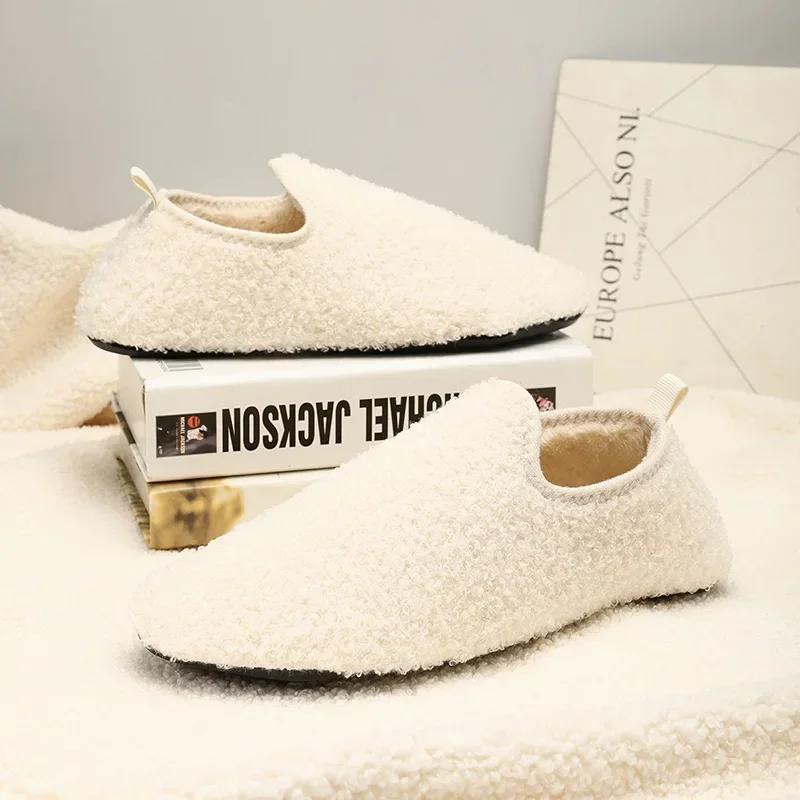 Thickened Plush Cotton Slippers Japanese Style Indoor Home Wooden Floor Soft Bottom Men Women Couples Anti-Slip Slip-On Shoes