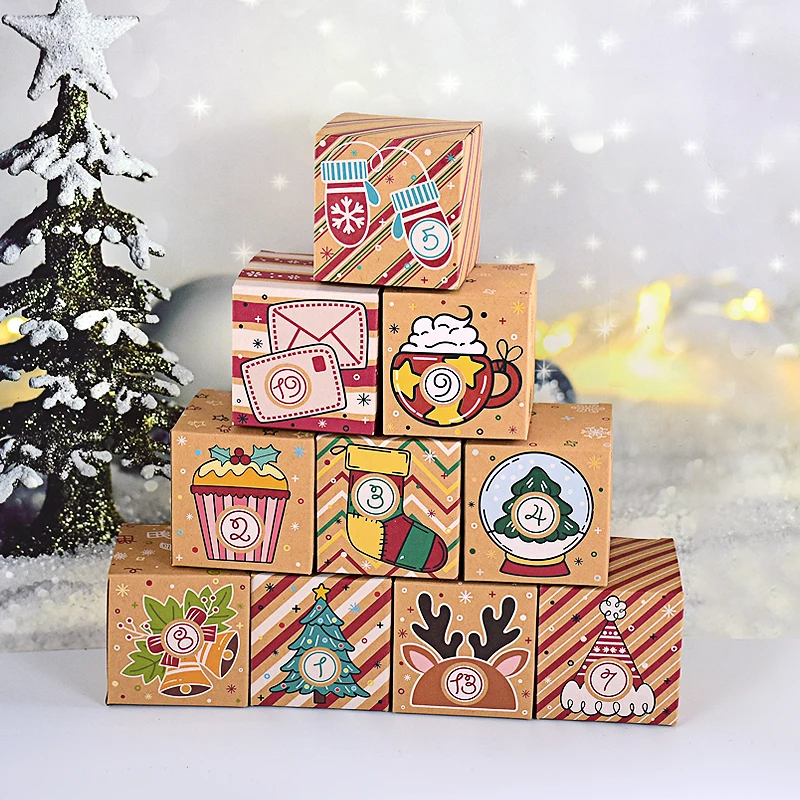 

24 Digits Christmas Advent Calendar Gift Packaging Candy Boxes Santa Countdown Kraft Paper Gift Box For Home Kids New Year Gifts