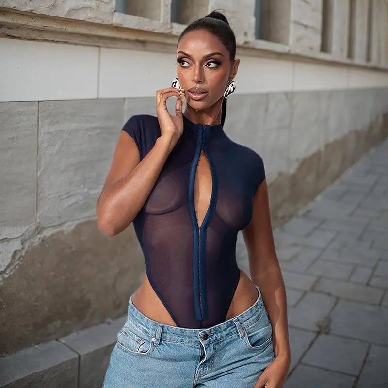 

Sexy See-through Metal Buckle Slim-fit Mesh Bodysuit Women's Street Style Thin High-waist Long Pants Polyester Fiber