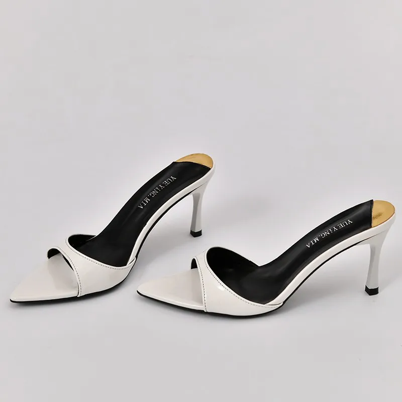 

2025 New Style Pointed Toe High Heels Women's Patent Leather Sandals Ladies One Strap Thin Wedges Black Versatile Simple Design