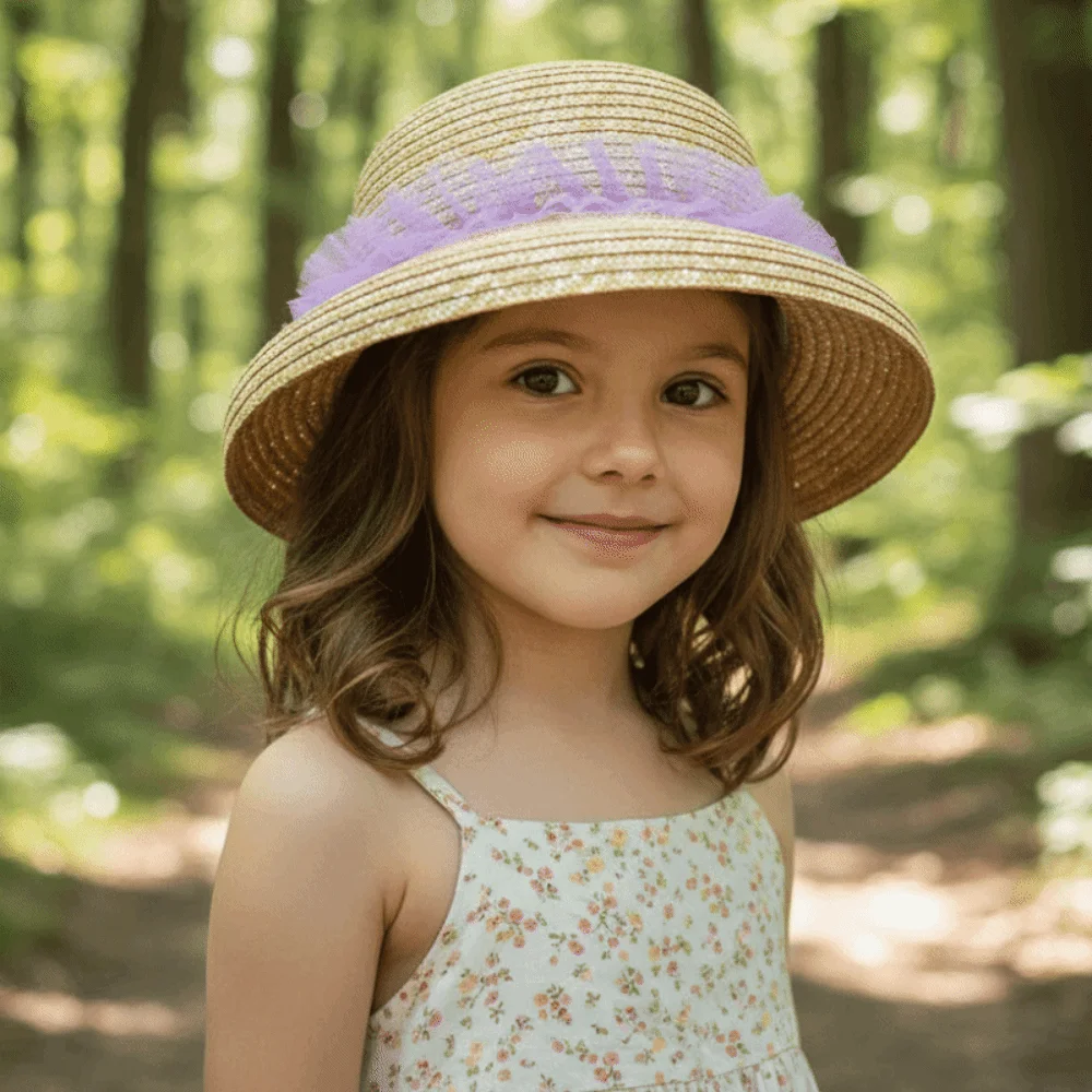 

Cute Large Brim Children Straw Hat Rounded with Lace Toddler Beach Hat with Windproof Rope Breathable Sunshade Straw Cap Summer