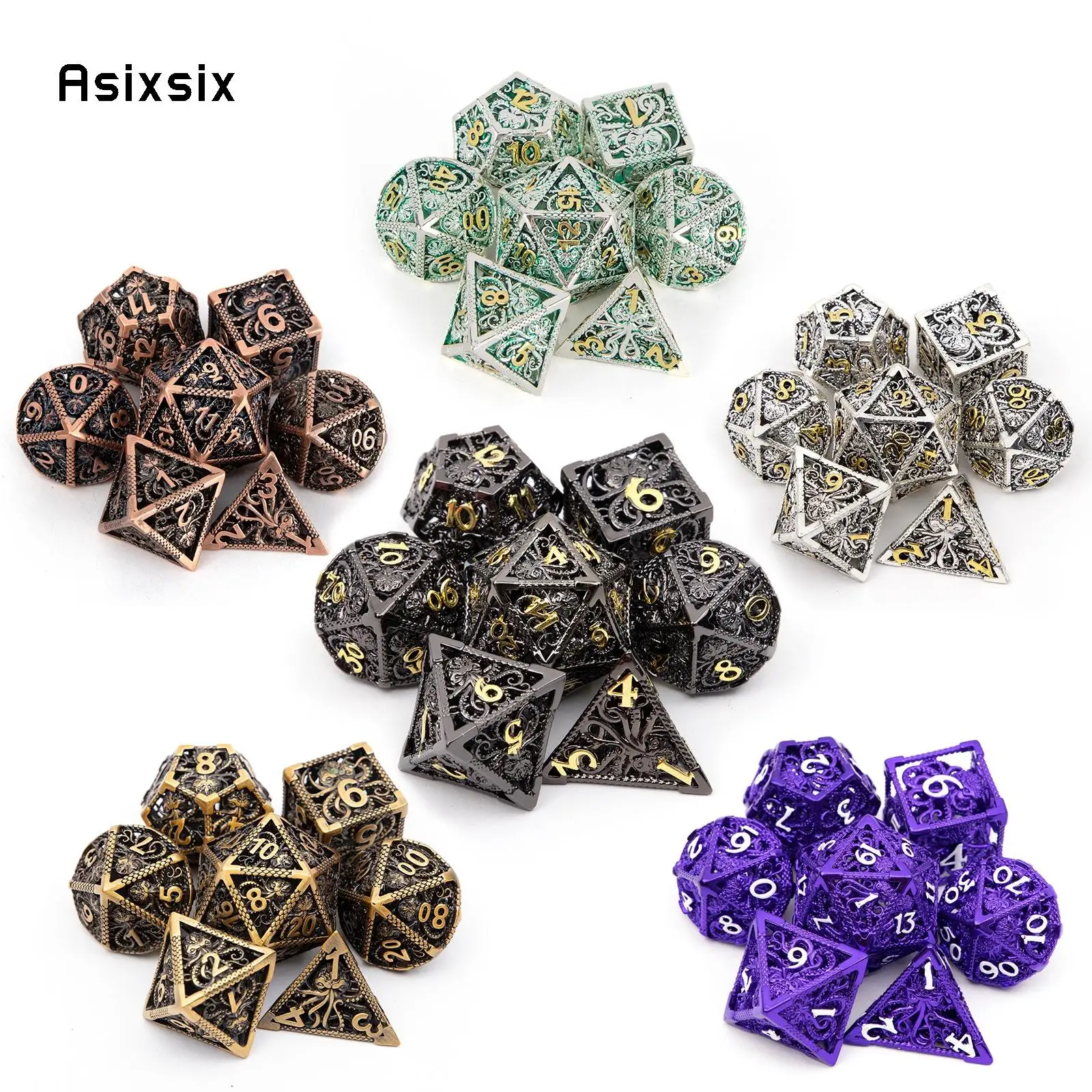 7 Pcs All Kinds of Color Squid Metal Dice Hollow Metal Polyhedral Dice Set Suitable for Role-Playing RPG  Board Game Card Game