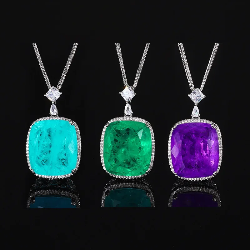 Elegant S925 Silver Pendant Necklace with Vibrant Blue Green and Purple Gemstones Classic Design for Women Jewelry Accessories