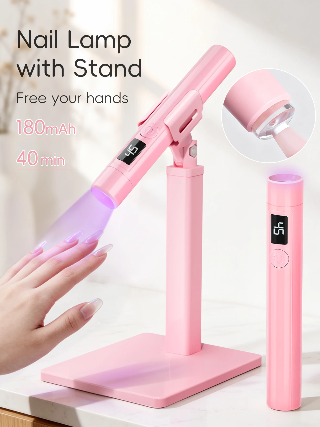 Lampe de manucure rose à main avec support d'affichage d'écran, support multifonctionnel rotatif à 360 degrés, bâton chauffant pour pointe d'ongle, 1 pièce