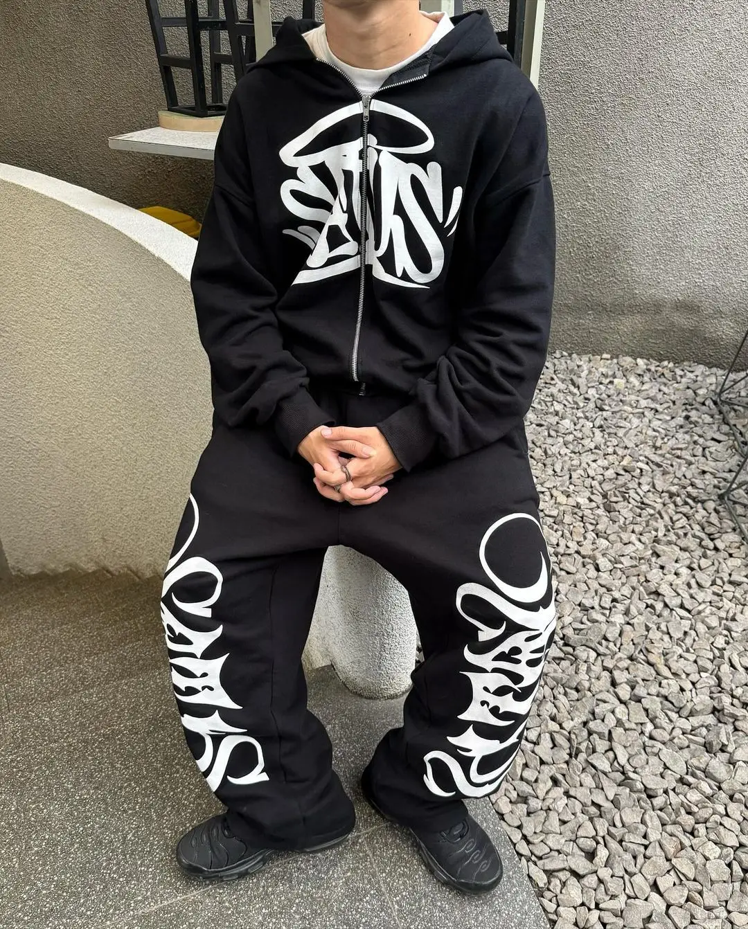 Hip Hop Letter Print Oversized Zip Up Hoodie Sweatpants Two Piece Set Y2K Clothes Tracksuit Men Casual Pants Tops Men Clothing