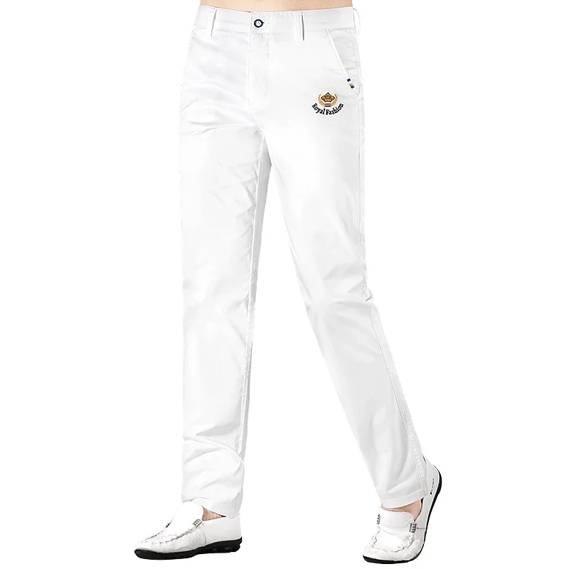 2024 New Men\'s Casual Pants Summer White Zip Fashions Smart Loose Straight Leg Men\'s Trousers 97%Cotton Stretching Bruce&Shark