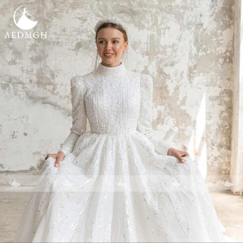 Aedmgh A-Line Abiti da sposa vintage Collo alto Manica lunga Vestido De Novia Abito da sposa musulmano su misura con paillettes in rilievo di pizzo