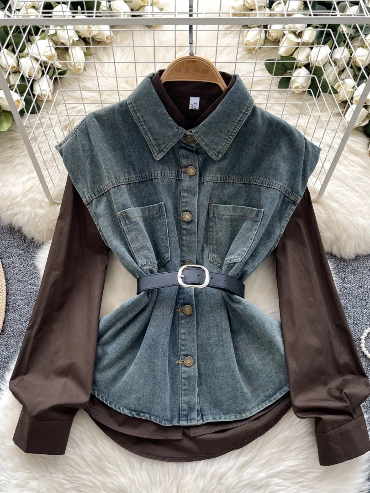 Kusahiki Herbst Outfit Damen koreanische vielseitige Mode lässig Langarmhemd schlanke Taille ärmellose Jeans weste Set